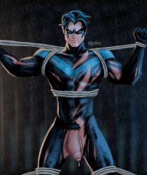 1boy batman_(series) bodysuit dc dc_comics dick_grayson exposed_penis fakesngay male male_only masked nightwing penis_out ripped_clothing rope rope_bondage seductive seductive_look solo teen_titans tied_up uncensored uncut yaoi