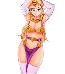 1girls armpits arms_up belly_dancer belly_dancer_outfit blonde_hair blue_eyes blush cleavage harem_outfit hylian hylian_ears large_breasts loincloth long_gloves looking_at_viewer metal_bikini ocarina_of_time pointy_ears princess_zelda royalty the_legend_of_zelda thick_thighs yotahen zelda_(ocarina_of_time)