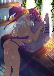 2girls body_markings bondage cowgirl_position female gnome gnome_female looking_at_partner looking_pleasured multicolored_hair multiple_girls purple_hair restrained sex_toy slepls spanking_marks squirting strap-on table water_genasi watery_skin white_hair witch_hat wizard_hat wrists_to_ankles yuri