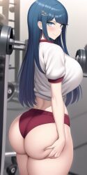 ai_generated ass ass_grab blue_eyes blue_hair bubble_butt buruma danganronpa danganronpa:_trigger_happy_havoc grabbing_own_ass gym gym_uniform large_breasts long_hair looking_at_viewer maizono_sayaka midriff n.c.b_ai nai_diffusion smile stable_diffusion tight_clothing weights