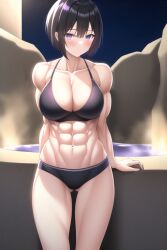 abs ai_generated black_bra black_panties bra breasts fire_emblem fire_emblem_awakening hot_spring kjelle_(fire_emblem) muscles nai_diffusion nude nude_female panties stable_diffusion water