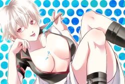 big_breasts boots canon_genderswap cleavage female female_only genderswap_(mtf) ginko_sakata gintama gintoki_sakata knees_up maikei no_bra open_shirt pale-skinned_female pale_skin popped_collar popsicle red_eyes rule_63 short_hair solo tongue_out very_short_hair white_hair