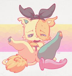 anthro anus beatcats blue_eyes blue_sclera cub dildo dildo_sitting green_fur masturbating masturbation onihidden pawpads paws pussy rico_(beatcats) sanrio sweat sweatdrop sweating tail thick_thighs thighs tired tired_eyes touching_pussy touching_self yellow_fur