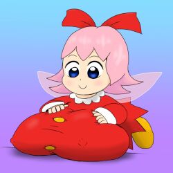 1girls 2020 alternate_breast_size big_breasts blue_background blue_eyes breasts chibi clothing cute fairy female fully_clothed godalmite hair_ribbon hand_on_breast hi_res kirby_(series) kirby_64 nintendo nipple_bulge pink_hair ribbon ribbon_(kirby) small_but_busty smile wings