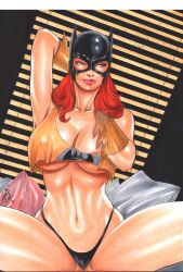 1girls barbara_gordon batgirl big_breasts breasts curvaceous curvy_female curvy_figure dc dc_comics distracting_watermark ed_benes_studio highleg highleg_thong highres justice_league justice_league_unlimited lanio_sena looking_at_viewer red_hair tagme thong underboob voluptuous_female watermark