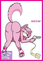 aeris_(vg_cats) alternate_form alternate_universe anthro ass bent_over biped breasts breath canid canine canis digital_drawing_(artwork) digital_media_(artwork) domestic_dog female fur game_console genitals green_eyes looking_back mammal nude panting pink_body pink_fur pussy reddragonkan solo tongue tongue_out vg_cats webcomic webcomic_character