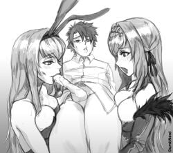 1boy 2girls amazon_fellatio bad_id bad_twitter_id breast_press bridal_carry carrying cum cum_in_mouth drained dumb_nerd fate/grand_order fate_(series) fellatio ffm_threesome fujimaru_ritsuka_(male) large_breasts monochrome pantsless scathach_(fate) scathach_(piercing_bunny) scathach_skadi surprised suspended_fellatio sweaty testicles tiara