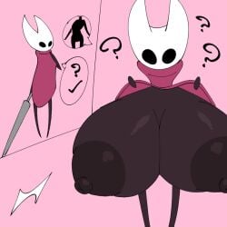 ? clothes_lift dark_nipples gigantic_areola hammerspace hidden_buxom hollow_knight hornet_(hollow_knight) huge_nipples hyper_breasts uwotinfokm8 weapon