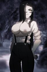 angry areolae big_breasts black_hair breasts exhibitionism exposed_breasts female graveweaver hand_on_hip highres i'm_the_grim_reaper public solo third-party_edit torn_clothes veronica_(i'm_the_grim_reaper) webtoon yellow_eyes