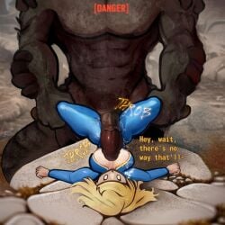 1boy 1girls big_penis blonde_hair breasts cum cum_on_breasts deathclaw english english_text fallout fallout_new_vegas gameplay_mechanics imminent_rape imminent_sex it'll_never_fit larger_male male_deathclaw_(fallout) measuring_penetration_depth mob_face nipples on_back partially_clothed rape short_hair size_difference smaller_female text thick_thighs vault_dweller vault_girl vault_meat vault_suit zoquete