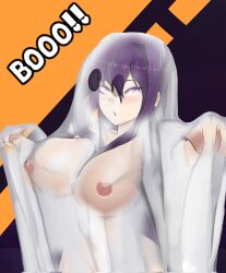 1girls :0 arms_up artemitzuki_(artist) cute doki_doki_literature_club female ghost ghost_costume halloween looking_at_viewer mtzk_art naked nude open_mouth purple_eyes purple_hair scary solo text yuri_(doki_doki_literature_club)