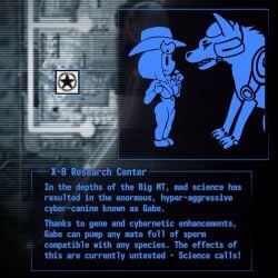 1girls blonde_hair canine cyberdog_(fallout) dog english english_text fallout fallout_new_vegas gabe_(fallout_new_vegas) gameplay_mechanics mob_face monochrome robot_dog short_hair story text vault_dweller vault_girl vault_meat vault_suit zoophilia zoquete