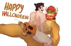 2boys abs anthro ass back_muscles balls beard blush bodily_fluids bodypaint bowser brown_hair cum cum_drip dripping duo ejaculation english_text erection facial_hair gay genital_fluids genitals green_body hair halloween heart hi_res horn hot_dogging human human_on_anthro inkpuppy interspecies koopa larger_anthro larger_male luigi lying male male/male male_only mammal mario_(series) moustache multicolored_body muscular muscular_anthro muscular_human muscular_male nintendo nipples nude painted_butt pecs penis pumpkin_butt red_hair scalie sex sitting sitting_on_another size_difference smaller_human smaller_male text video_games yellow_body