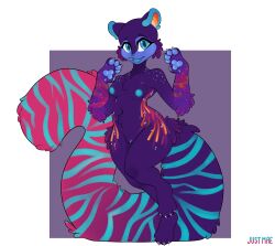 alternate_version_available anthro areolae breasts color cute_fangs cyan_nipples female fur furry gloves_(marking) hair happy hi_res high_resolution highres just_mae long_tail markings multicolored_body multicolored_fur multicolored_hair multicolored_tail naked navel nude oc original_character paws purple_body purple_fur pussy raised_arm signature simple_background small_breasts solo spotted_fur tail_markings watermark white_border