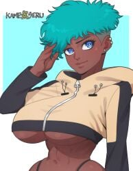 belly_button big_breasts blue_hair crop_top_hoodie cyan_hair dark-skinned_female dark_skin highleg highleg_panties hooded_jacket jacket kameseru midriff navel oc original original_character panties shaved_side underboob