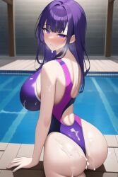 1girls ai_generated ass blush breasts competition_swimsuit cum cum_on_ass cum_on_body cum_on_breasts cum_on_face female genshin_impact huge_ass huge_breasts large_ass large_breasts long_hair looking_at_viewer nai_diffusion naughty_face one-piece_swimsuit pool purple_eyes purple_hair raiden_shogun stable_diffusion swimsuit water