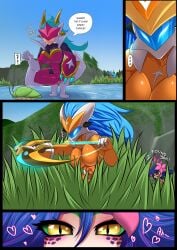 3girls big_ass big_breasts bulge clothed clothing comic dialogue english_text female female_only forkat_bau fully_clothed horsecock horsecock_futanari human humanoid kindred league_of_legends light-skinned_female light_skin multiple_girls neeko shyvana squatting super_galaxy_kindred super_galaxy_series super_galaxy_shyvana tagme text