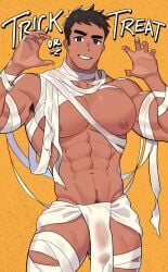 1boy abs absurdres armpit_hair bandaged_arm bandaged_leg bandages bara black_hair halloween highres human human_only large_pectorals male male_focus male_only milkiato mummy_costume muscular muscular_male naked_bandage navel nipples pectorals see-through short_hair smile solo solo_male teeth trick_or_treat