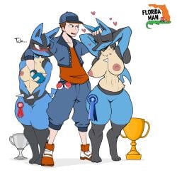 1boy 2girls absurd_res anthro award big_breasts blue_body blue_fur breast_grab breasts canid canine clothing dominant feet female florida_man fox fur generation_4_pokemon groping group hand_on_breast hi_res hindpaw huge_breasts human humanoid interspecies jealous lucario male male/female mammal muscular nintendo nipples nude paws petting petting_head pimp pokemon pokemon_(species) pokemon_trainer pokephilia simple_background size_difference submissive thick_thighs traced_art trophy video_games white_background wide_hips