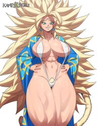 arms_on_waist big_breasts breasts comission dragon_ball dragon_ball_super dragon_ball_z huge_breasts kamekuzu kameseru oc original_character pale-skinned_female pale_skin pubic_hair robe saiyan saiyan_tail smile super_saiyan super_saiyan_3 thick_thighs thighs