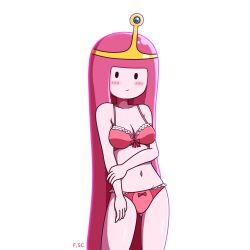 1girls 2022 adventure_time belly belly_button bikini black_eyes blush breasts cartoon_network cleavage crown female female_only fizzyspidercider mob_face pink_body pink_hair princess_bubblegum shy solo solo_female swimsuit