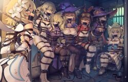 6+girls 7girls amber_(genshin_impact) arms_behind_back barbara_(genshin_impact) blonde_hair blush bondage bound brown_hair chains female female_only fischl_(genshin_impact) genshin_impact goggles hat helpless jean_gunnhildr kaddo leash lisa_(genshin_impact) looking_at_viewer lumine_(genshin_impact) mona_(genshin_impact) multiple_girls nun pantyhose prison restrained sex_slave slave tape_gag thighhighs witch_hat