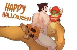 2boys abs anthro ass back_muscles balls beard blush bodypaint bowser brown_hair duo english_text erection facial_hair gay genitals green_body hair halloween heart hi_res horn hot_dogging human human_on_anthro inkpuppy interspecies koopa larger_anthro larger_male luigi lying male male/male male_only mammal mario_(series) moustache multicolored_body muscular muscular_anthro muscular_human muscular_male nintendo nipples nude painted_butt pecs penis pumpkin_butt red_hair scalie sex sitting sitting_on_another size_difference smaller_human smaller_male text video_games yellow_body