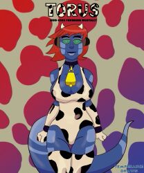 alien alien_girl big_breasts blue_skin breasts cow_print cowbell green_eyes headphones hypnosis kassidy_(medrifogmatio) latex latex_gloves latex_suit mind_control red_hair short_hair shrunken_irises tail tech_control temperancedraws thighhighs