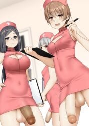 3futas balls balls_under_clothes bare_arms big_balls big_breasts big_penis black_hair blurry blurry_background breasts brown_eyes brown_hair censored cleavage cleavage_cutout clipboard closed_mouth clothed clothing clothing_cutout covered_navel dark_penis dress flaccid futa_only futanari glasses grey_hair hand_on_hip hat highres holding holding_clipboard holding_pen human kamata_yuuya large_breasts light-skinned_futanari light_skin long_hair looking_at_viewer medium_breasts mosaic_censoring mostly_clothed multiple_girls no_panties nurse nurse_cap open_mouth original pen penis penis_under_clothes penis_under_dress penis_under_skirt pink_dress short_hair sleeveless sleeveless_dress smile smooth_penis standing testicles textless_version veins veiny_penis very_short_hair