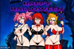 3girls big_breasts blonde_hair blue_eyes breasts bunny_costume bunny_girl devil devil_costume devil_girl eri_kasamoto fio_germi glasses green_eyes halloween halloween_costume jgm_arts kerchief metal_slug multiple_girls nadia_cassel pink_hair red_hair seductive snk stockings trio twintails vampire vampire_costume vampire_girl video_game_character video_games