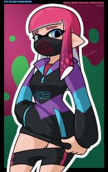 1girls ass ass_visible_through_thighs blue_eyes blush face_mask hoodie inkling inkling_girl looking_at_viewer nintendo pink_hair pointy_ears pulling_shirt_down shorts shorts_down signature simple_background solo splatoon streetwear text theidiotmuffin url