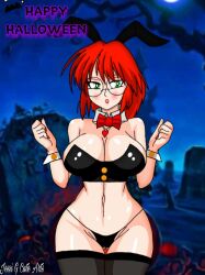 big_breasts breasts bunny_girl female fio_germi glasses green_eyes halloween halloween_costume jgm_arts metal_slug red_hair seductive snk video_game_character video_games