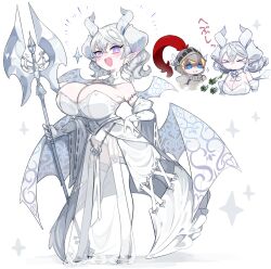 big_breasts blush cleavage cute_fang demon_girl demon_horns demon_wings dress duel_monster elbow_gloves female garter_straps gloves hand_on_hip horns huge_breasts labrynth_of_the_silver_castle looking_at_viewer lovely_labrynth_of_the_silver_castle mato_tsuyoi pale-skinned_female pale_skin pointy_ears purple_eyes shortstack thighhighs weapon yu-gi-oh!