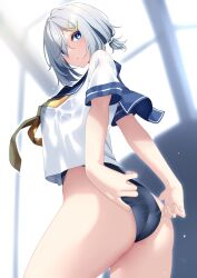 1girls adjusting_swimsuit ass blue_eyes breasts grey_hair hairclip hamakaze_(kantai_collection) kantai_collection large_breasts looking_at_viewer looking_down nebusoku one-piece_swimsuit school_swimsuit school_uniform scrunchie short_hair swimsuit swimsuit_under_clothes white_scrunchie