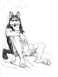 2022 animal_genitalia anthro athletic athletic_anthro athletic_male balls biped canid canine canis claws domestic_dog fully_sheathed genitals greyscale hibbary husky line_art looking_at_viewer male mammal monochrome mouth_closed nordic_sled_dog nude outside paws plant sheath simple_background sitting solo spitz traditional_media_(artwork) tree