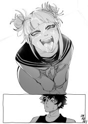 1boy 1girls ahe_gao ahegao comic comic_page cum cum_on_face dakube deku drawing drawn facial female himiko_toga izuku_midoriya looking_up male male/female monochrome my_hero_academia naughty_face on_knees sailor_uniform saliva smile smiling tank_top tongue tongue_out