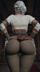 1girls 3d 3d_(artwork) ass_focus back_view belt big_ass boots cd_projekt_red ciri corset exposed_breasts facing_away female female_focus female_only focus_on_ass hands_on_hips knee_boots kneehighs leather leather_corset leather_gloves light-skinned_female looking_away_from_viewer meis3d necklace satchel skintight sole_female solo the_witcher_(series) thick_thighs thigh_gap thighs white_hair white_shirt