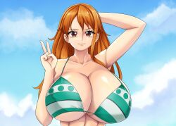 1girls alternate_version_available big_breasts bikini bikini_top breast_focus breasts cleavage cloudybits female female_only green_bikini_top hair huge_breasts large_breasts long_hair nami one_piece orange_eyes orange_hair peace_sign post-timeskip smile solo solo_female striped_bikini topwear