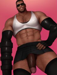 abs african african_male barret_wallace boner crop_top crossdressing dark-skinned_male dark_skin drawnpr0n erect_penis erection final_fantasy final_fantasy_vii hard_on looking_at_viewer male male_focus male_only manly_crossdresser melanin muscles muscular muscular_male pecs penis_through_skirt penis_under_skirt robotic_arm smiling_at_viewer sunglasses tank_top thick_thighs veiny_penis