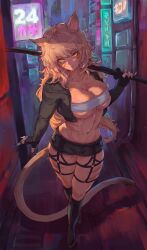 1girls alley animal_ears bandeau belly belly_button blonde blonde_female blonde_hair boots breasts cat_ears cat_tail catgirl cleavage cropped_jacket female_focus female_only final_fantasy final_fantasy_xiv garter_straps high_resolution highres holding holding_object holding_weapon katana large_breasts long_hair looking_at_viewer miqo'te muscular muscular_female navel neon_lights night only_female sheath sheathed sheathed_weapon short_shorts shorts slit_pupils solo solo_focus stomach strapless sword tail tezy8art thighs tubetop underboob weapon yellow_eyes