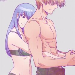 1boy 1girls 3mm abs black_bra bra embrace female gintama glasses_removed goatee hair_over_eyes hattori_zenzou holding_hands hug hugging_from_behind lavender_hair long_hair male mole_under_eye purple_hair sarutobi_ayame smile toned_male topless_male wholesome