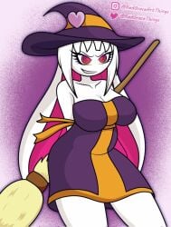 broom dress female fnf_entity friday_night_funkin friday_night_funkin_mod long_hair lustful_gaze nikusa_(sugarratio) pink_hair red_eyes redgraceartthings redgracethings rouge_the_bat_(cosplay) thick_thighs white_body white_hair witch_costume witch_hat