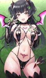 1girls bangs bat_wings bikini black_choker black_gloves black_hair black_horns black_one-piece_swimsuit black_thighhighs blunt_bangs blush bracelet breasts bridal_gauntlets brown_eyes bukkake chest_tattoo choker cum cum_on_body cum_on_breasts cum_on_clothes curvy demon_girl demon_horns demon_tail demon_wings earrings facial female female_only gloves green_nails hair_ornament highres horns idolmaster idolmaster_shiny_colors jewelry large_breasts long_hair looking_at_viewer mayuzumi_fuyuko nail_polish navel open_mouth pubic_tattoo sideboob sling_bikini slingshot_swimsuit smile solo standing succubus succubus_outfit succubus_tattoo swimsuit tail tattoo thighhighs two_side_up urabi_(tomatohouse) wings