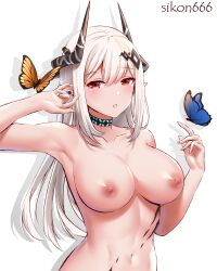 1girls absurdres arknights arm_up armpits blush breasts breasts_apart brown_eyes butterfly choker demon_horns ear_piercing female hair_between_eyes hair_ornament highres horns large_breasts long_hair looking_at_viewer mudrock_(arknights) navel nipples nude parted_lips piercing pointy_ears sidelocks sikon666 simple_background solo upper_body white_background white_hair