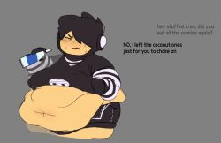 1boy angry big_belly big_moobs black_clothes black_gloves black_shorts blush chubby chubby_male dialogue eating fat fat_arms fat_belly fat_folds fat_male fat_man fat_rolls fruitgremlin gloves goth goth_boy goth_clothing grumpy hanging_belly hat headphones holding_object huge_moobs leon_(scribblenauts) male male_boobs male_only moobs obese obese_male overweight overweight_male rooster_helmet rough_sketch round_belly saggy_belly scribblenauts shorts sketch skull_shirt solo striped_clothing striped_sleeves stripes sweating teasing teasing_another text unseen_character weight_gain whip_cream