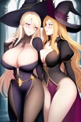 2girls ai_generated blushing busty cleavage curvaceous curvy female female_only looking_at_partner mage multiple_girls necromancer onlyfakes.ai pooplool revealing_clothes smiling tagme witch witch_hat witches yuri