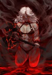 1girls abs axe belly belly_button big_breasts bikini blood breasts collar female female_focus female_only glowing glowing_eyes hi_res high_resolution highres holding holding_object holding_weapon large_breasts light-skinned_female light_skin long_hair looking_at_viewer muscular muscular_female only_female original partially_submerged smoke solo solo_female solo_focus stomach swimsuit tezy8art thick_thighs thighs white_hair yellow_eyes