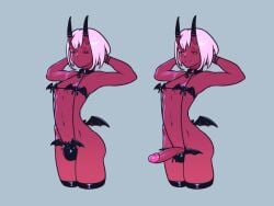 1futa arms_behind_head bulge demon demon_futa dickgirl erection futa_only futanari horned_humanoid horns humanoid penis penis_out pink_skin red-skinned_futanari red_skin short_hair simple_background small_breasts solo solo_futa succubus tailbox