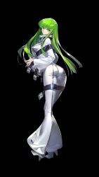 bangs belts big_ass big_butt boots c.c. code_geass curvy curvy_body curvy_female cute_expression cute_face gold_eyes high_heels limegreen_hair long_hair medium_breasts perky_breasts round_butt seductive straitjacket straps thick_thighs tight_clothing tight_fit wide_hips