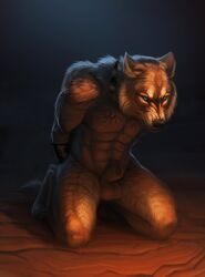 2018 abs animal_genitalia anthro balls biceps biped blue_eyes canid canine canis chest_tuft frown fully_sheathed genitals hands_behind_back hi_res hibbary inner_ear_fluff kneeling looking_aside male mammal mouth_closed muscular muscular_anthro muscular_male narrowed_eyes navel nude pecs restrained sheath simple_background solo tuft wolf